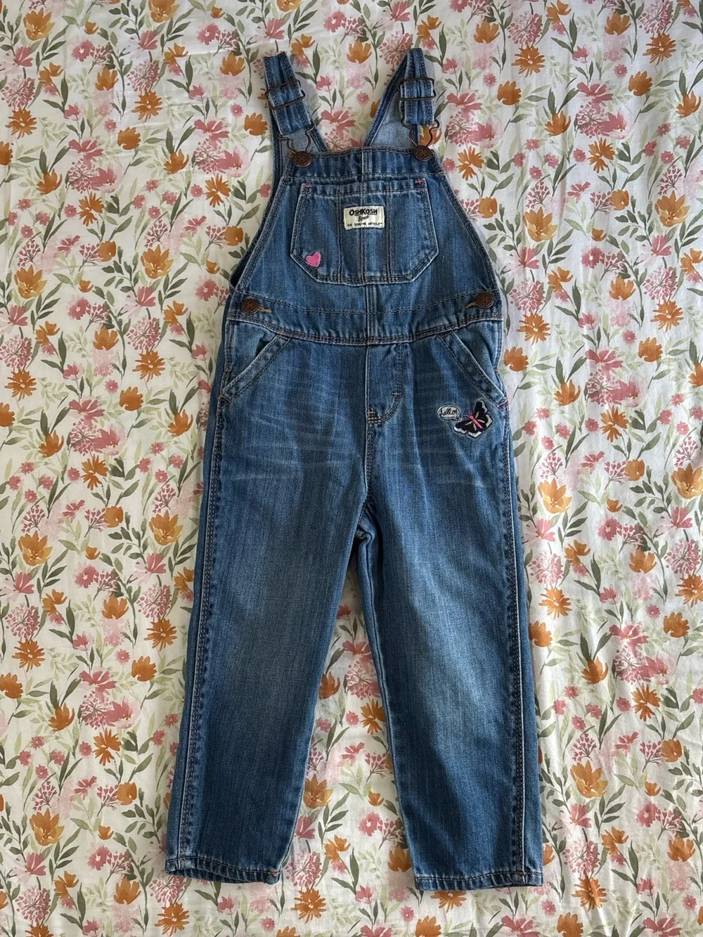 Oshkosh 3T Embroidered Jean Overalls Butterfly Detail Pink Fall